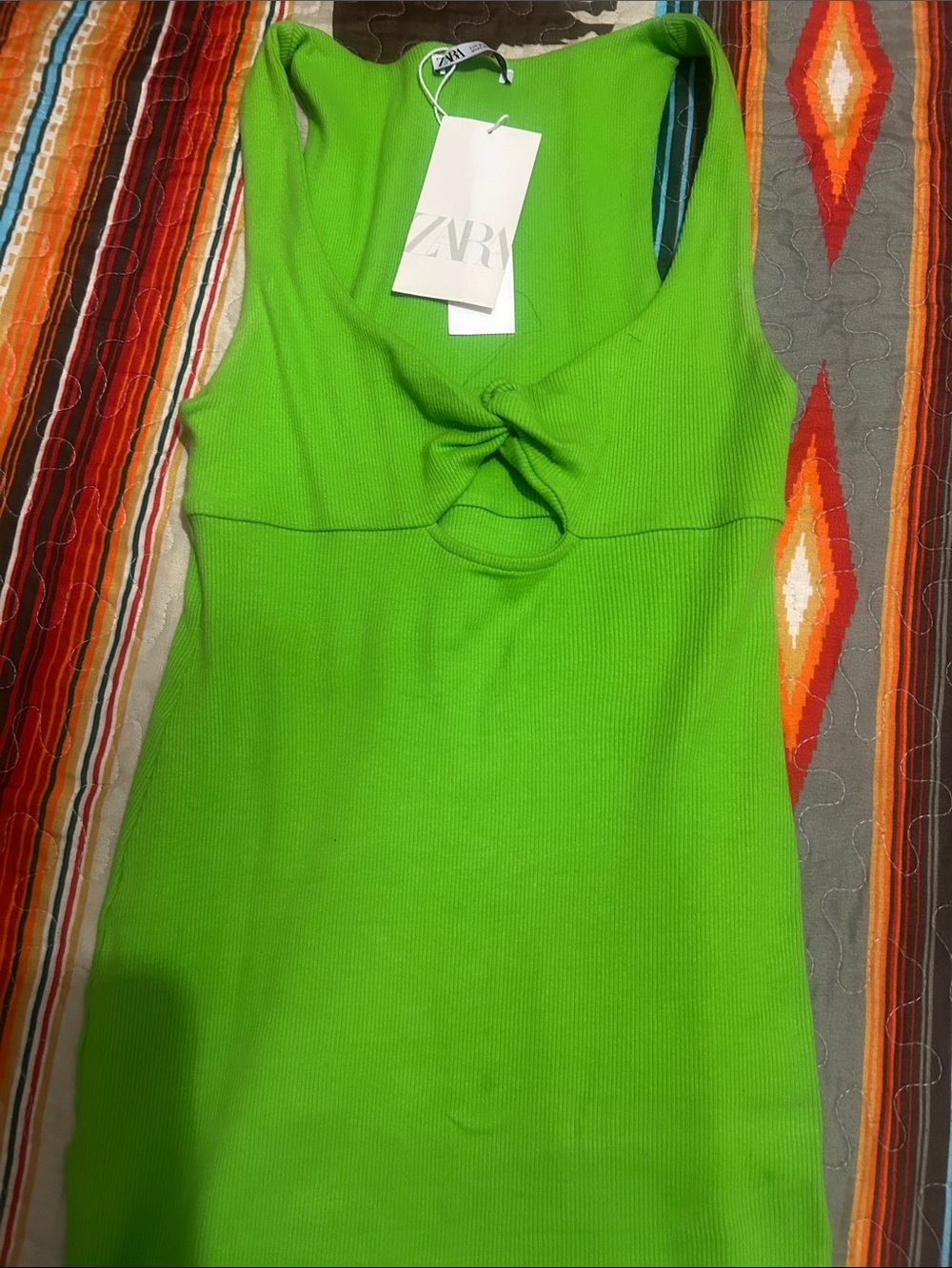Zara Lime Green Ribbed Midi Dress with Front Twist